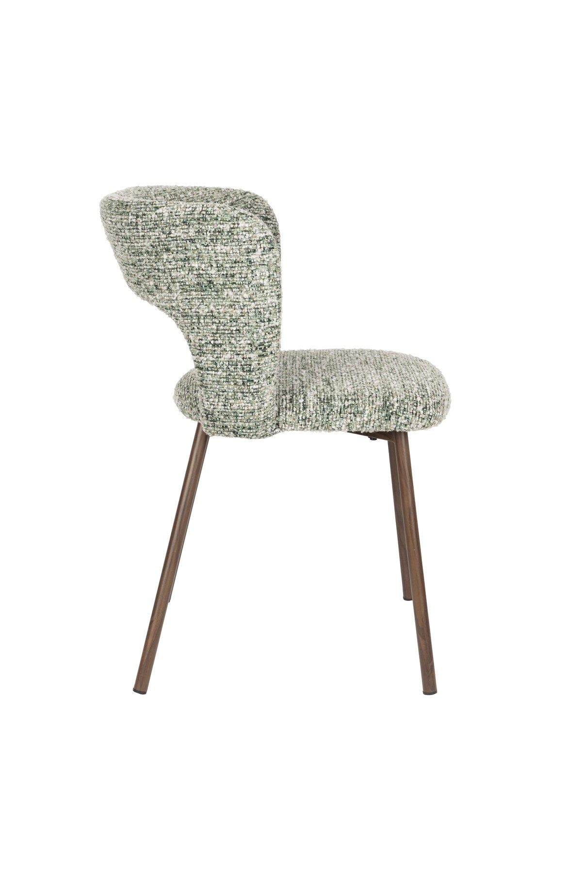 Stuhl Chelsea von White Label Living mit beigem, grob gewebtem Polsterbezug und schlankem Gestell mit bogenförmiger Rückenlehne.
