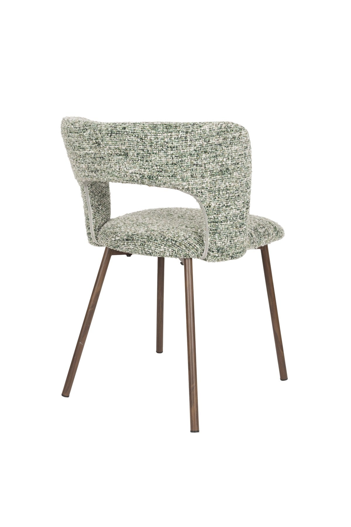 Stuhl Chelsea von White Label Living mit beigem, grob gewebtem Polsterbezug und schlankem Gestell mit bogenförmiger Rückenlehne.