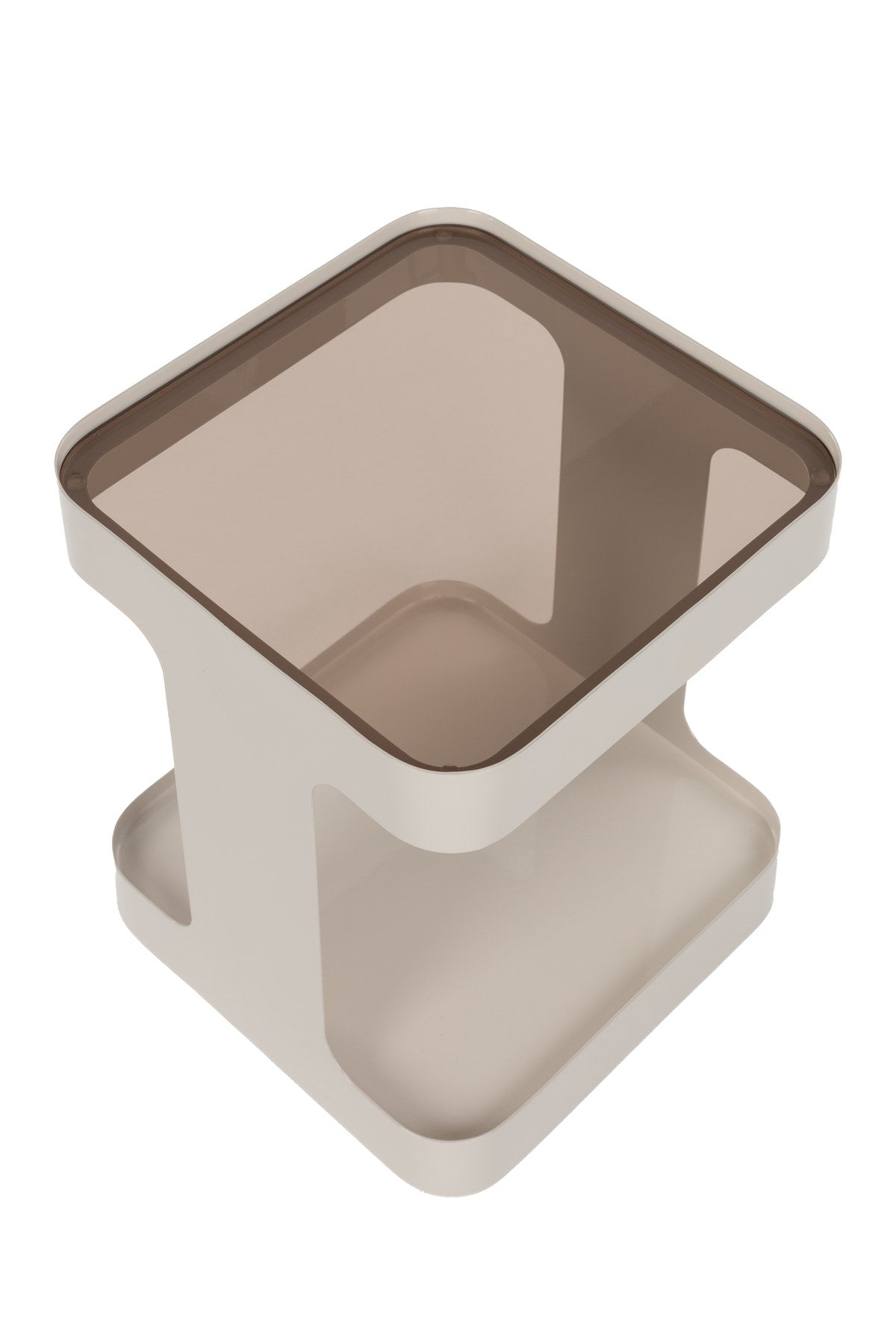 Beistelltisch Side Table Kubik in Taupe mit quadratischer Rauchglasplatte und Eisenrahmen