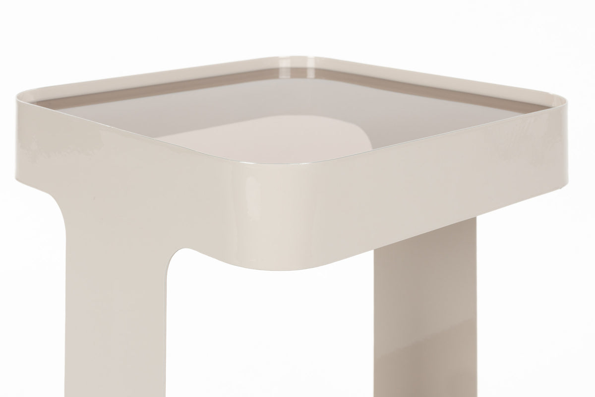 Beistelltisch Side Table Kubik in Taupe mit quadratischer Rauchglasplatte und Eisenrahmen