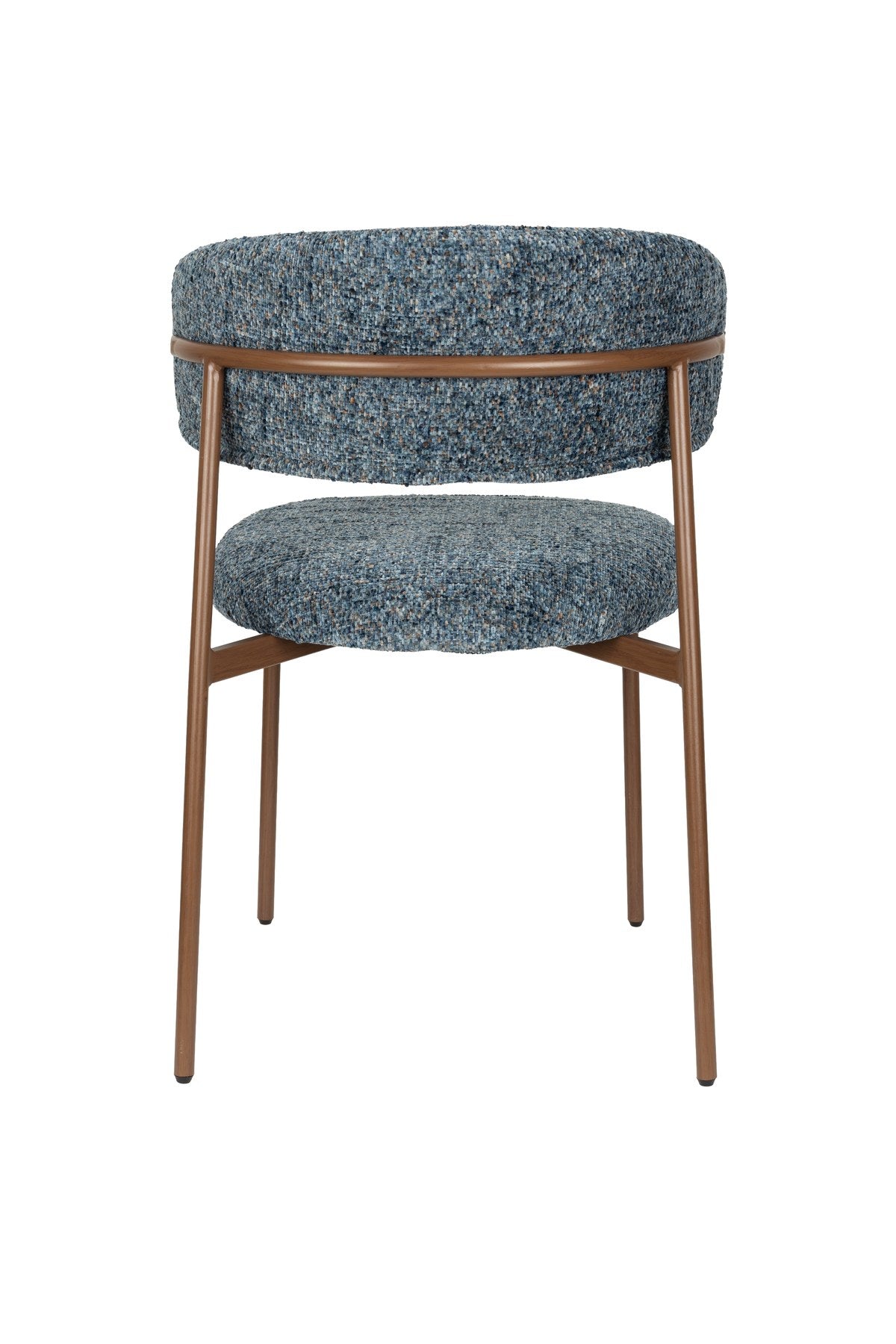 Blauer gepolsterter Esszimmerstuhl Chair Claes mit Sitzfläche und Rückenlehne aus Polyester sowie Beinhöhe von 44 Zentimetern.
