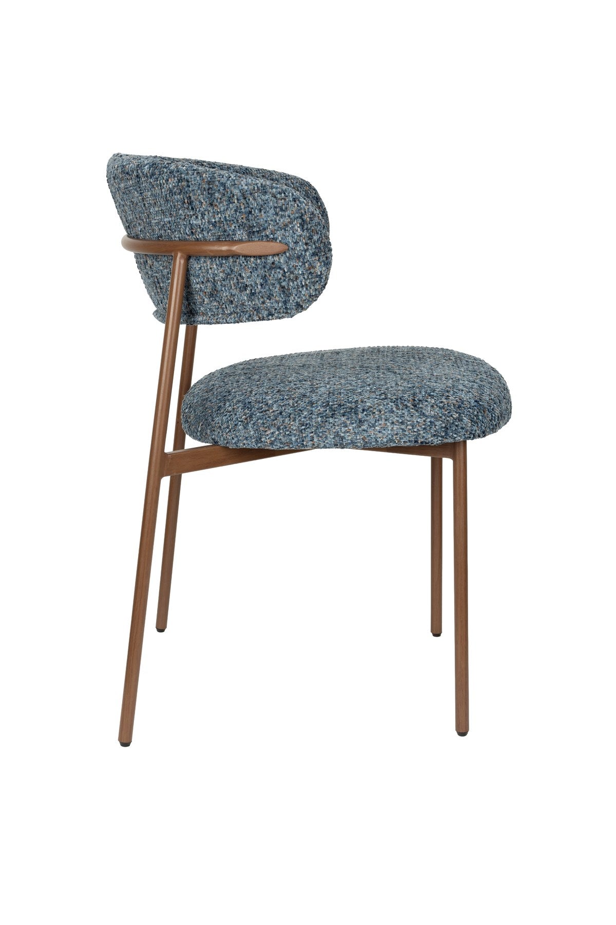 Blauer gepolsterter Esszimmerstuhl Chair Claes mit Sitzfläche und Rückenlehne aus Polyester sowie Beinhöhe von 44 Zentimetern.