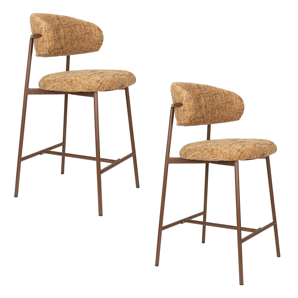 Gepolsterter Barhocker Claes Ochre in Ockergelb mit meliertem Polyesterbezug und Metallgestell in Walnuss-Holzoptik, Sitzhöhe 65cm.