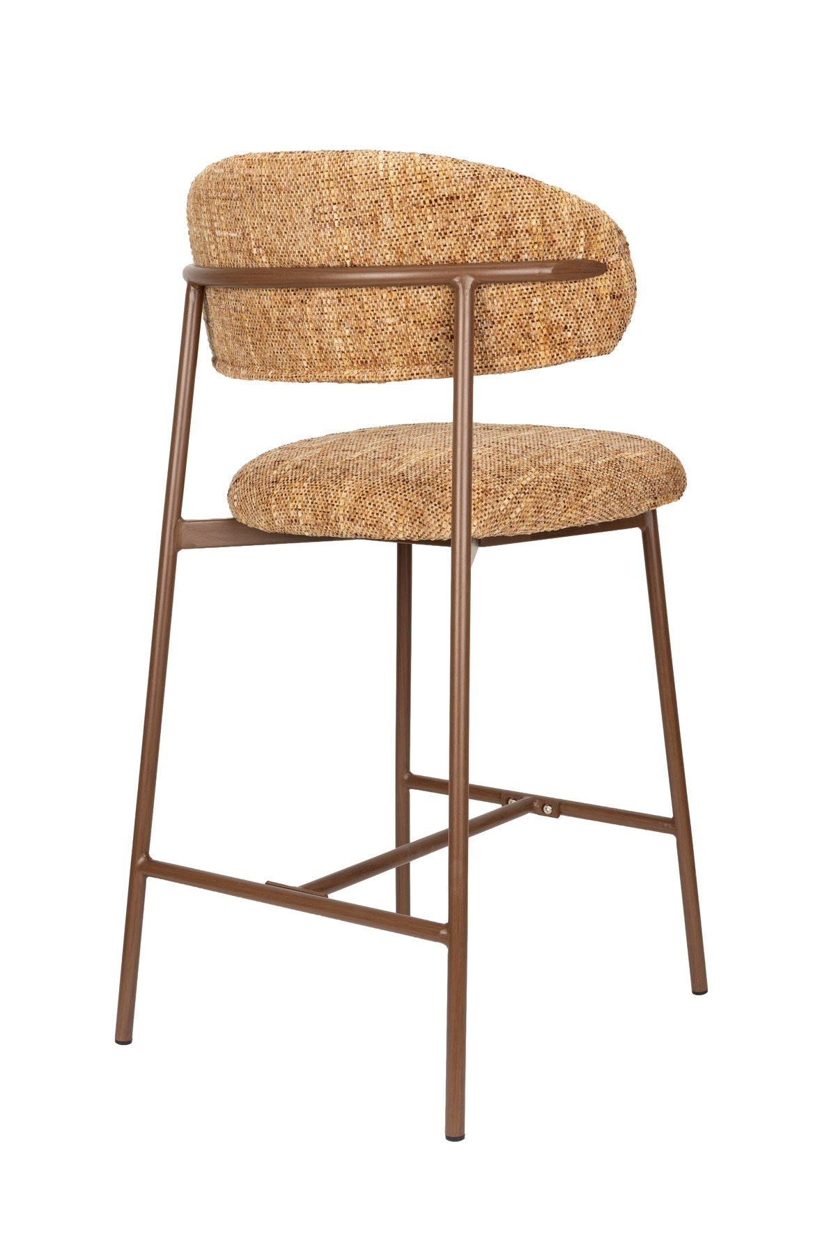 Gepolsterter Barhocker Claes Ochre in Ockergelb mit meliertem Polyesterbezug und Metallgestell in Walnuss-Holzoptik, Sitzhöhe 65cm.