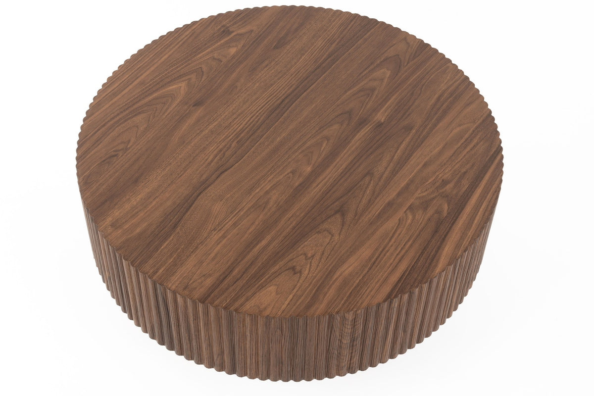 Runder Couchtisch Coffee Table Mitch aus Walnussfurnier mit geriffeltem Rand und braunem Gestell, Tischplatte auf schmalerem Bein.