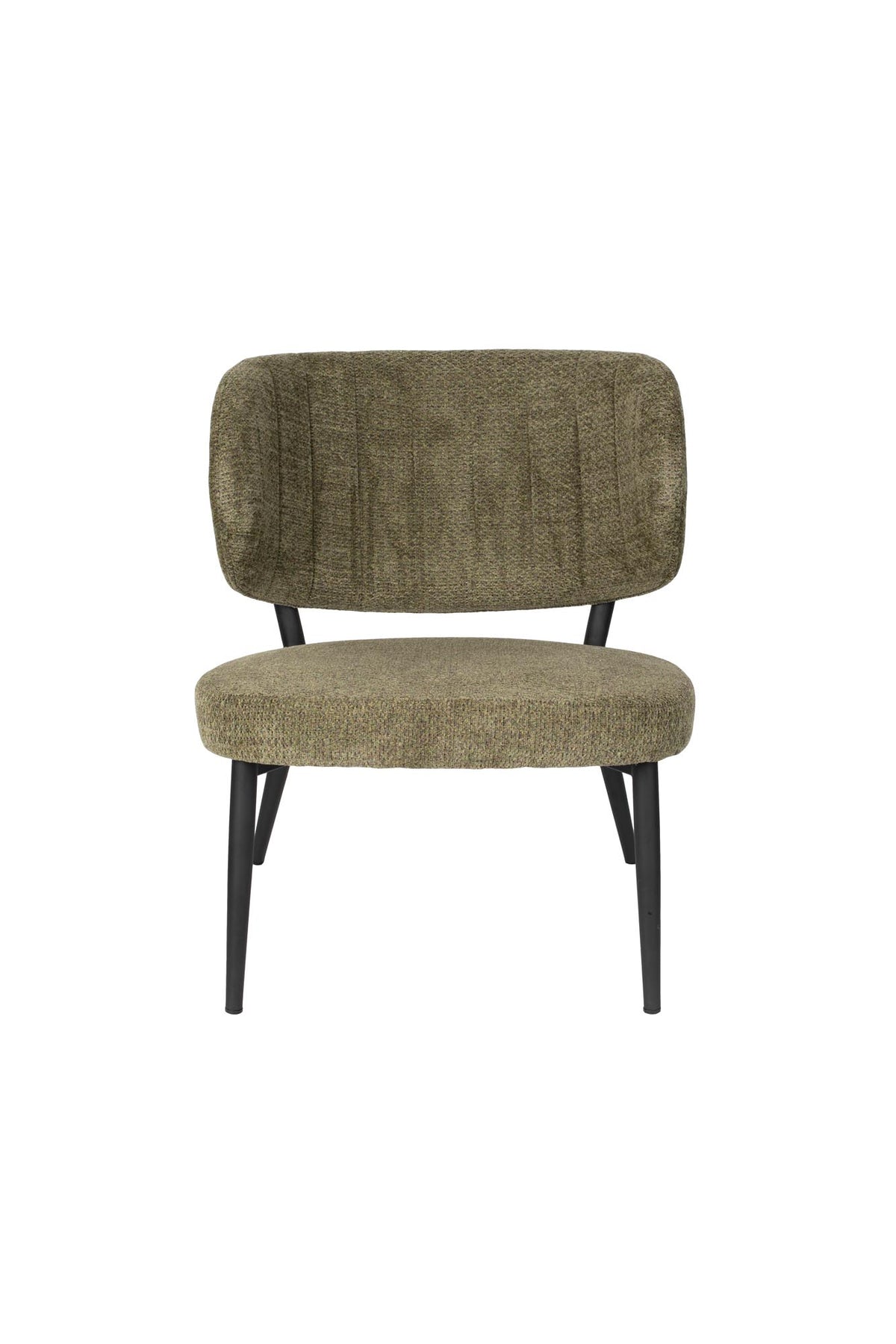 Sessel Sanne von White Label Living: grüngrauer Polyester-Bezug, schwarzer Metallrahmen, gepolsterter Sitz und Rückenlehne mit Ziersteppmuster.