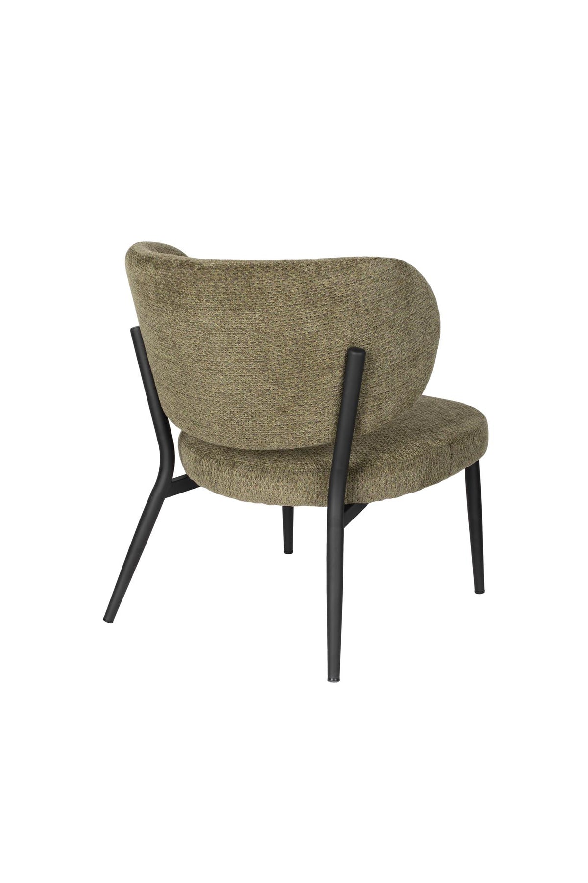 Sessel Sanne von White Label Living: grüngrauer Polyester-Bezug, schwarzer Metallrahmen, gepolsterter Sitz und Rückenlehne mit Ziersteppmuster.