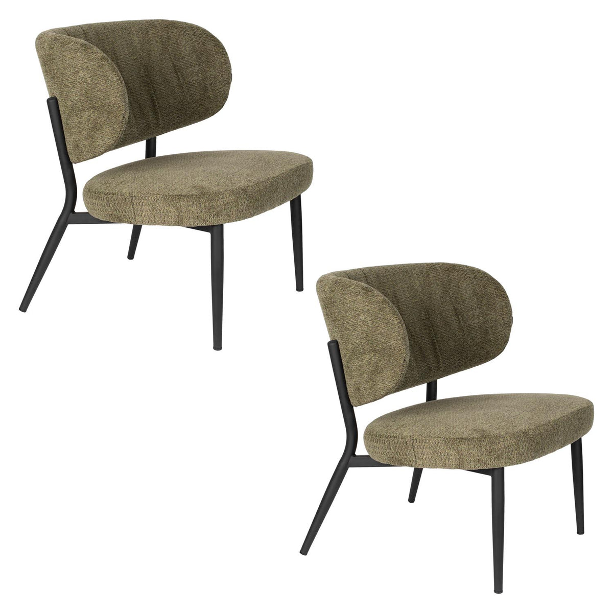 Sessel Sanne von White Label Living: grüngrauer Polyester-Bezug, schwarzer Metallrahmen, gepolsterter Sitz und Rückenlehne mit Ziersteppmuster.