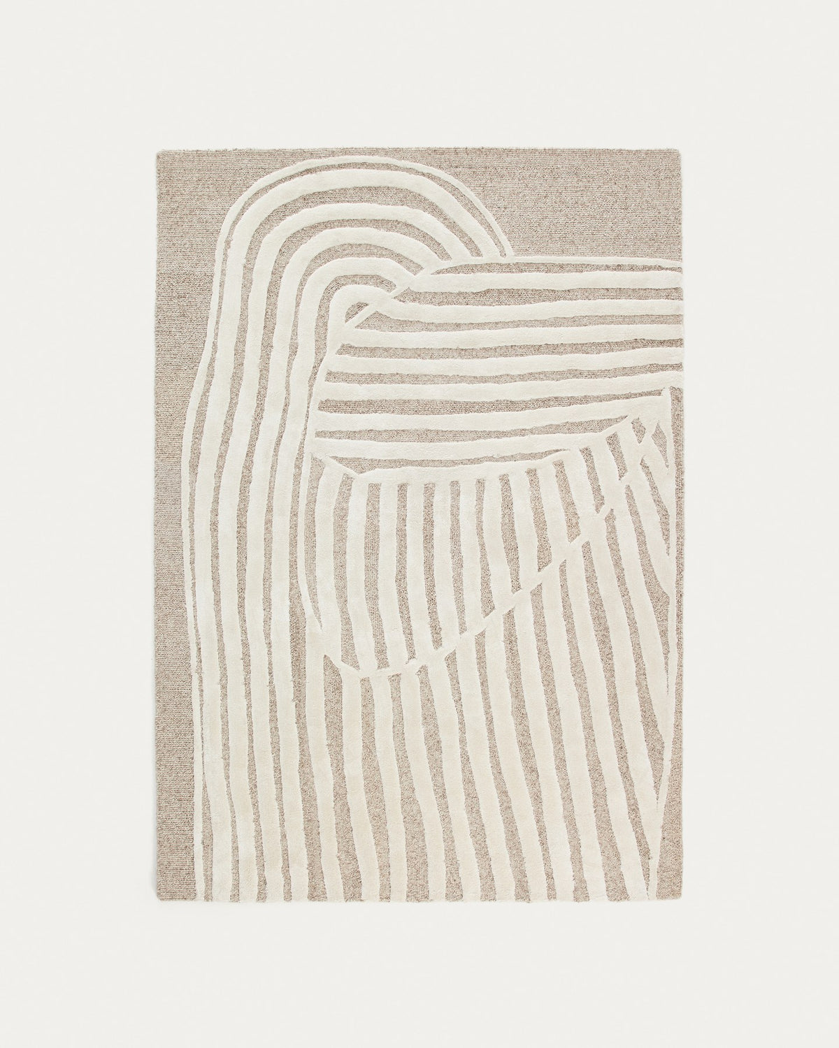 Rechteckiger Teppich in Beige mit grafischem Reliefmuster aus Wolle und Viskose, handgefertigt, Grösse 160 x 230 cm.