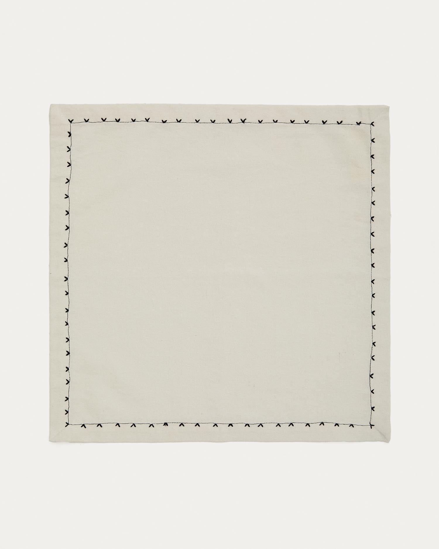 Elegante beige Servietten aus 100% Baumwolle mit schwarzer Stickerei, ideal für stilvolle Tischdekorationen.