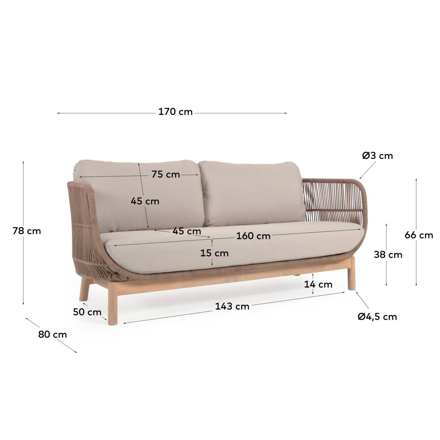 Beiges Catalina 3-Sitzer Sofa von Kave Home: 170 cm, robustes Akazienholz, handgeflochtenes Seil, ideal für stilvolle Außenbereiche.
