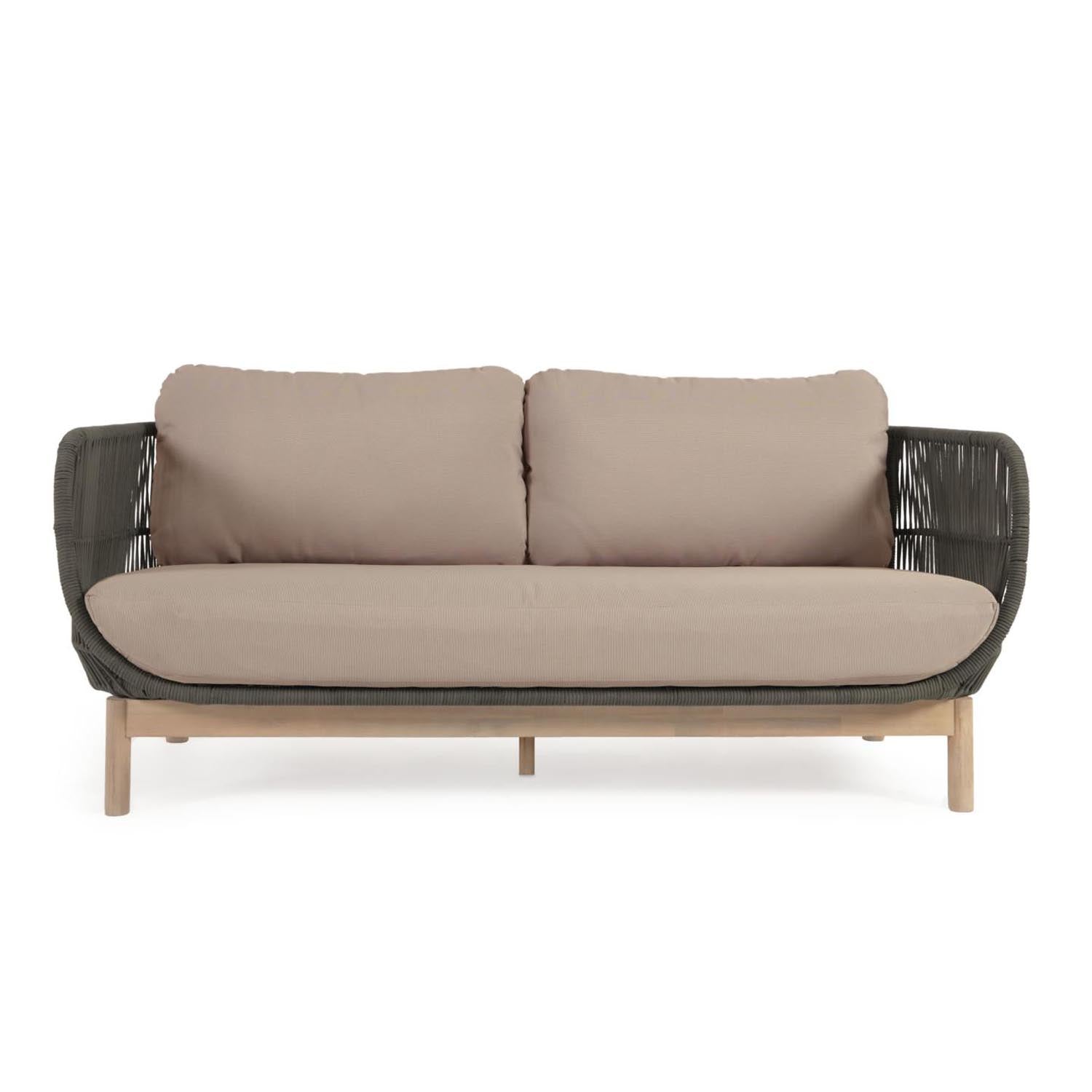 3D-Modell eines eleganten Catalina 3-Sitzer Sofas aus grünem Seil und Akazienholz, FSC-zertifiziert, tropisches Design.