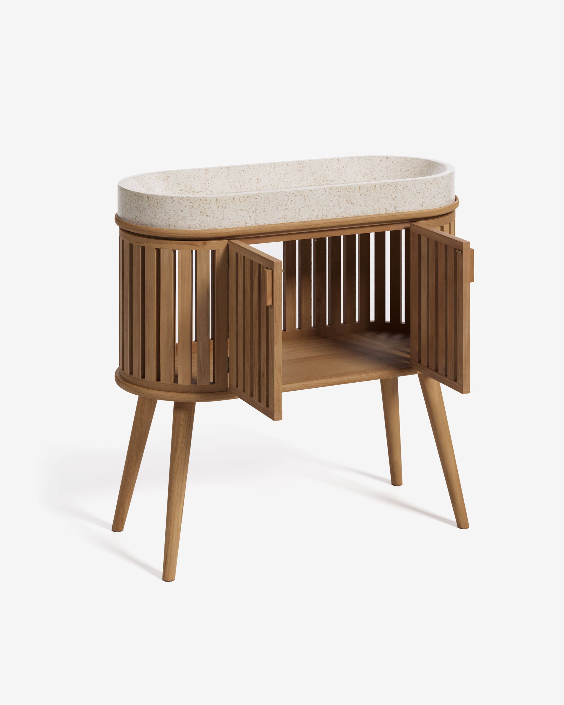 Entdecke den Rokia Waschtisch aus massivem Teakholz (90x80 cm) von Kave Home – zeitloses Design für einladende Badezimmer und vielseitige Nutzung.