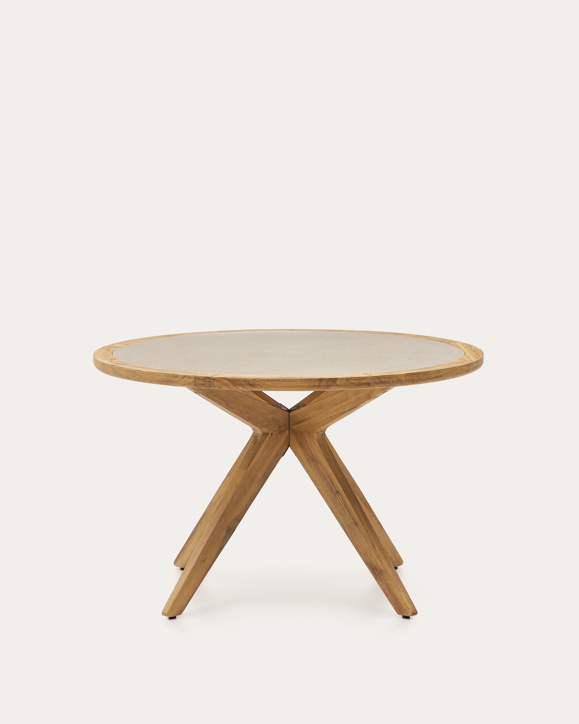 Eleganter runder Tisch aus beigem Polyzement und Akazienholz, ideal für stilvolle Outdoor-Momente.