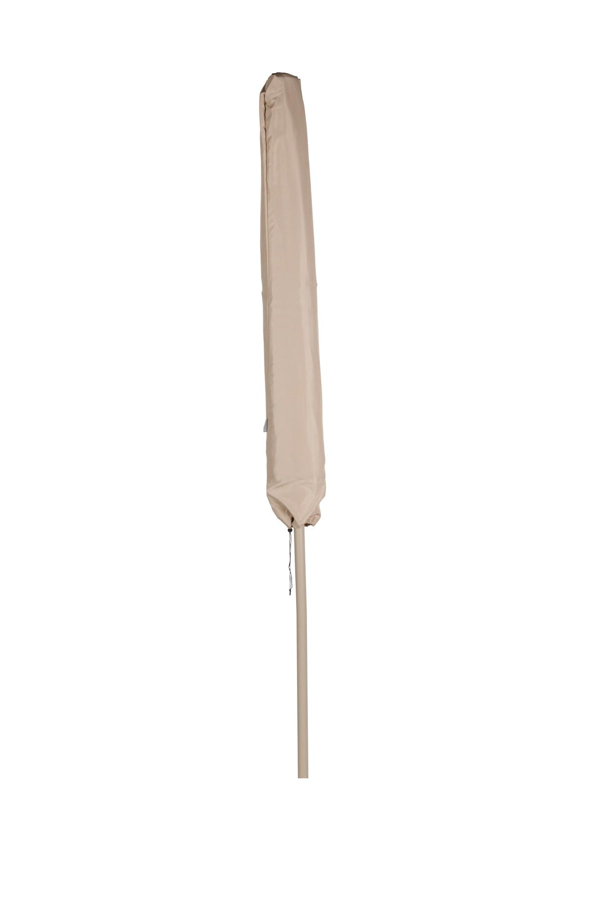 Sonnenschirm von Zuiver in Beige mit Stab aus pulverbeschichtetem Edelstahl und Griff zum Öffnen, aufgestellt auf einer Sonnenschirmbasis.