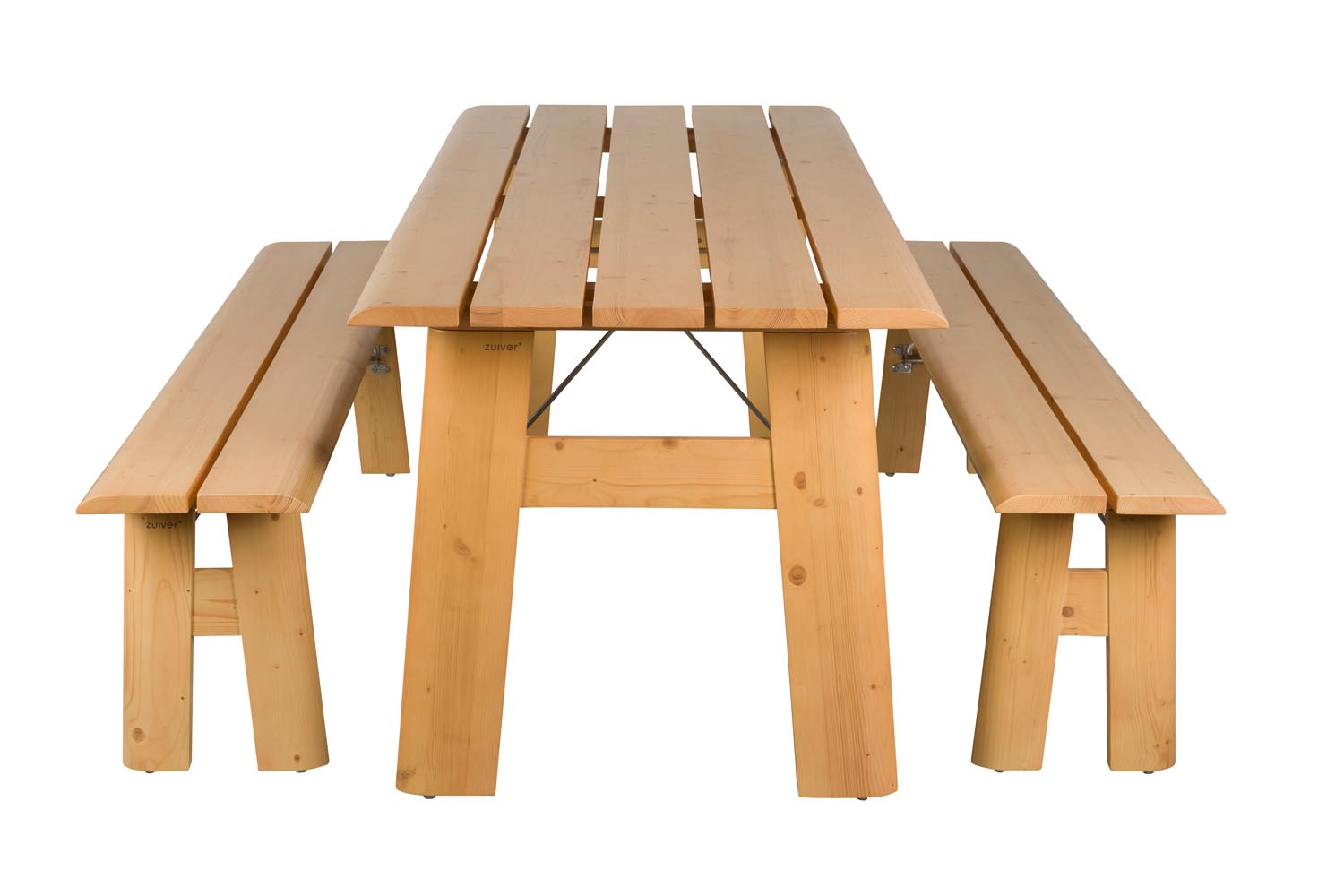 Entdecken Sie das stilvolle Gartentischset Avenue von Zuiver – klappbar, mit integriertem Flaschenöffner und ideal für jede Gartenparty!