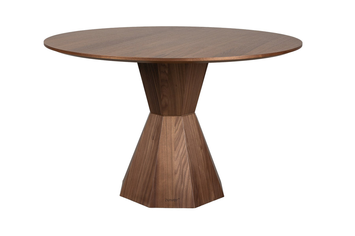 Runder Esstisch Dining Table Lotus Walnut von Zuiver in Braun mit achteckigem, sanduhrförmigem Holzgestell und beschichteter Tischplatte.