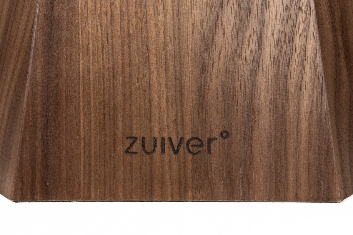 Runder Esstisch Dining Table Lotus Walnut von Zuiver in Braun mit achteckigem, sanduhrförmigem Holzgestell und beschichteter Tischplatte.