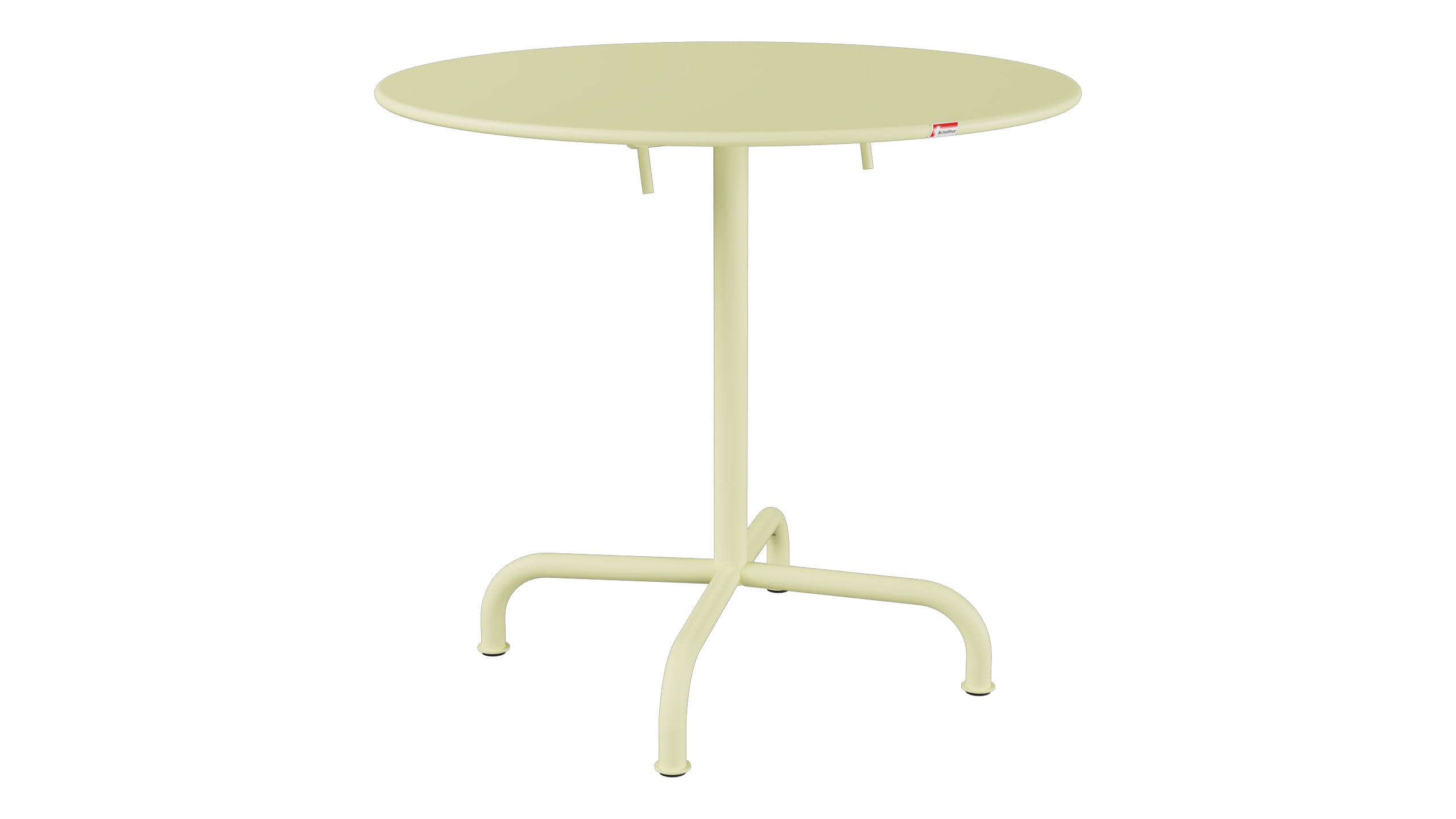 Rigi Metall-Gartentisch ø80 klappbar in Buchsbaumgelb präsentiert im Onlineshop von KAQTU Design AG. Gartentisch ist von Schaffner