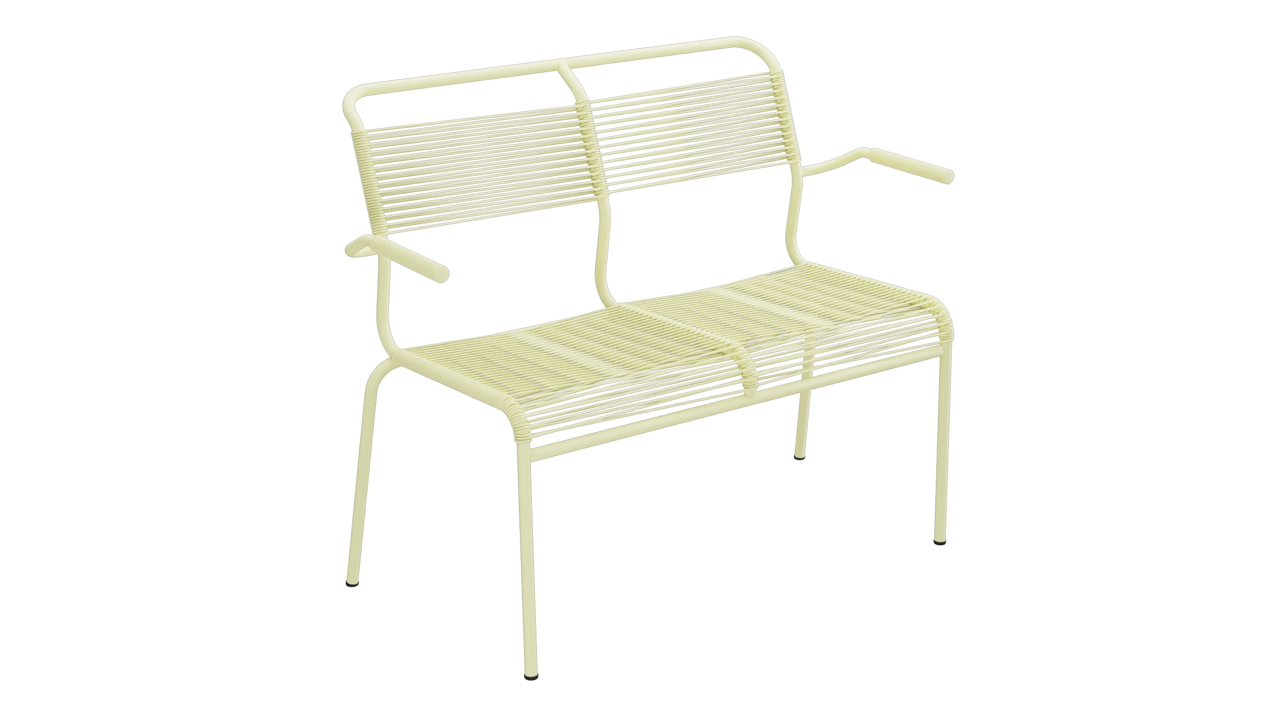 Säntis Spaghetti-2er Gartenbank mit Armlehne in Buchsbaumgelb präsentiert im Onlineshop von KAQTU Design AG. Gartenbank ist von Schaffner