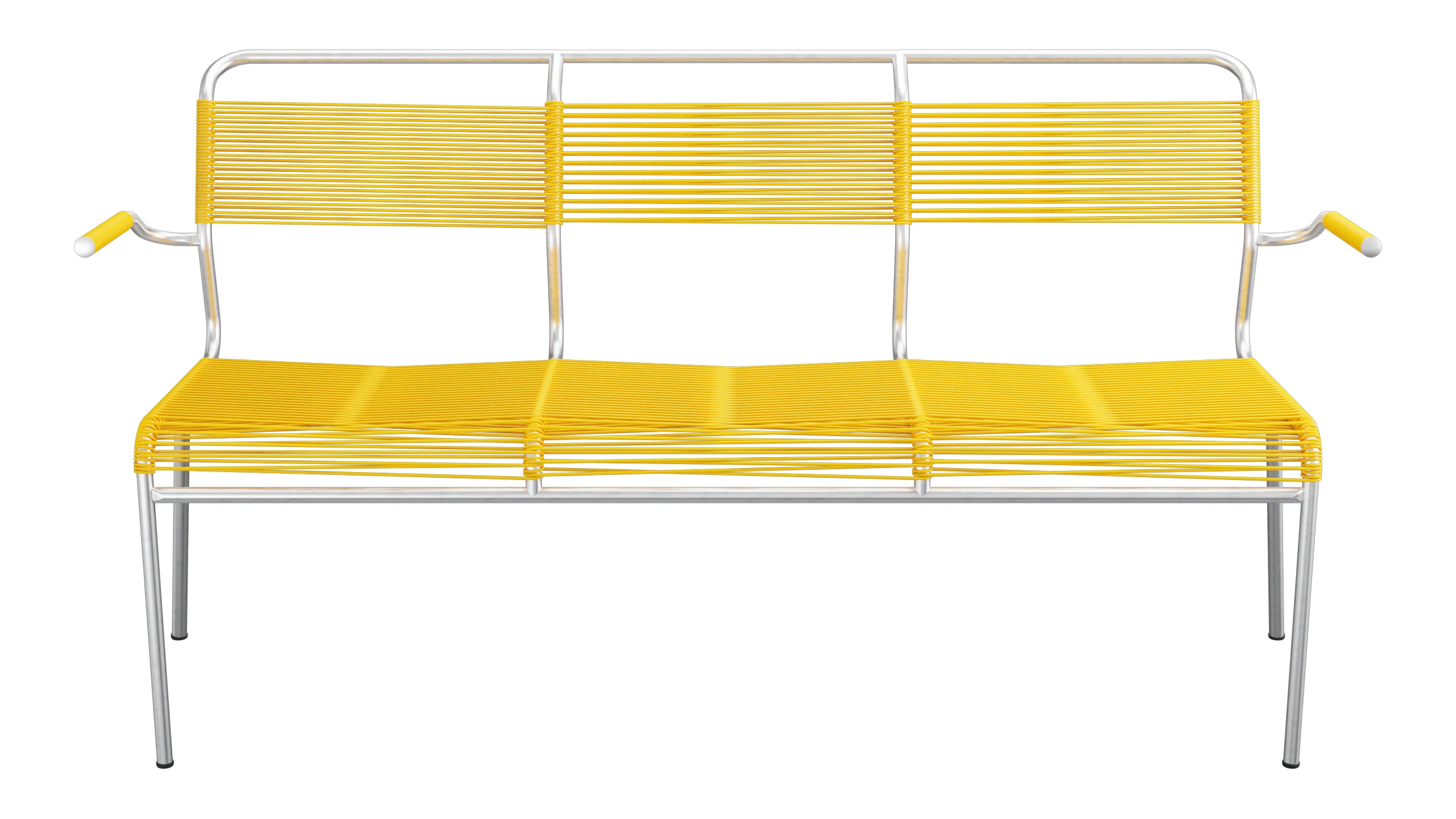 Säntis Spaghetti-3er-Gartenbank mit Armlehne in Gelb präsentiert im Onlineshop von KAQTU Design AG. Gartenbank ist von Schaffner