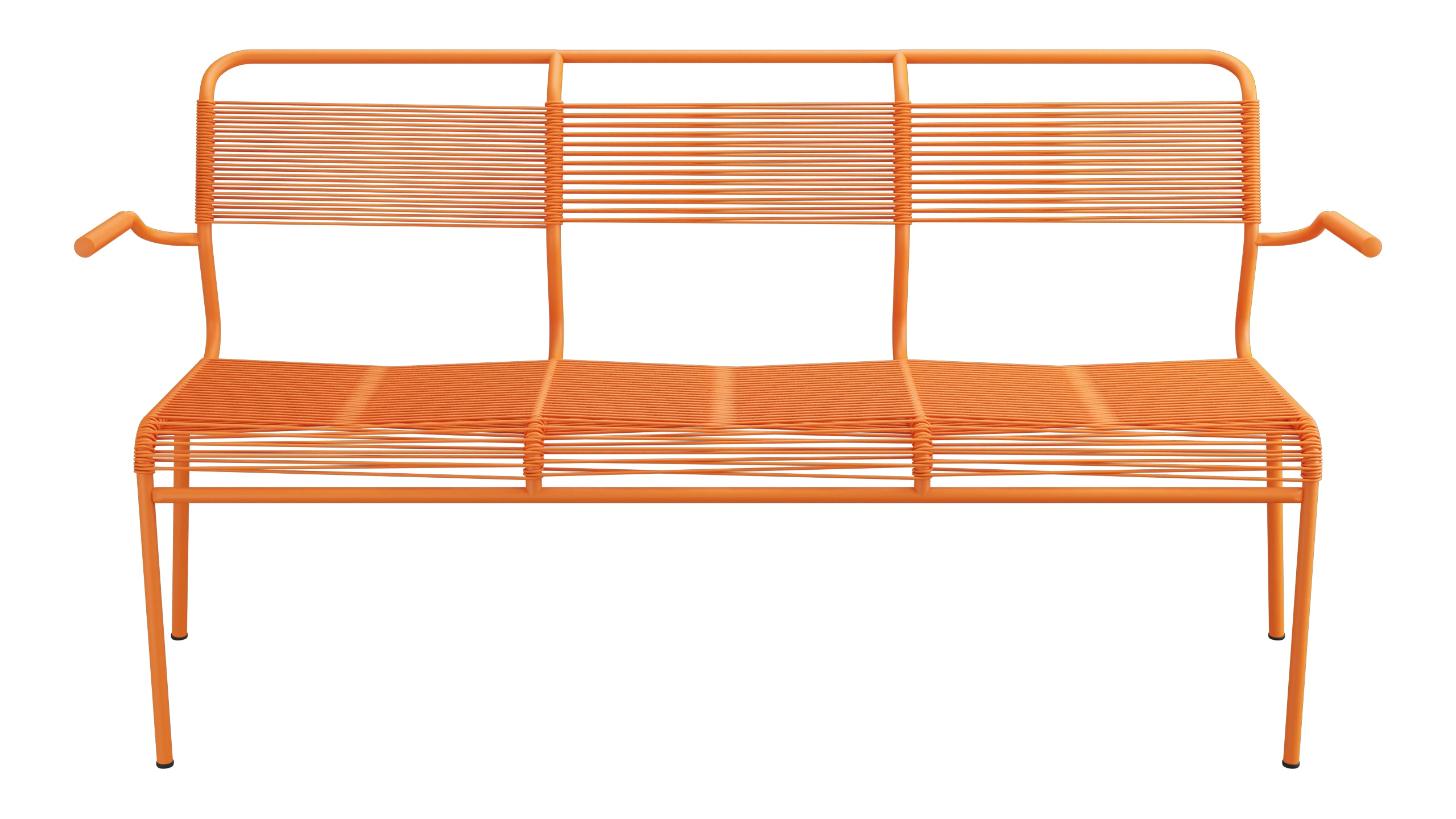 Säntis Spaghetti-3er-Gartenbank mit Armlehne in Orange präsentiert im Onlineshop von KAQTU Design AG. Gartenbank ist von Schaffner