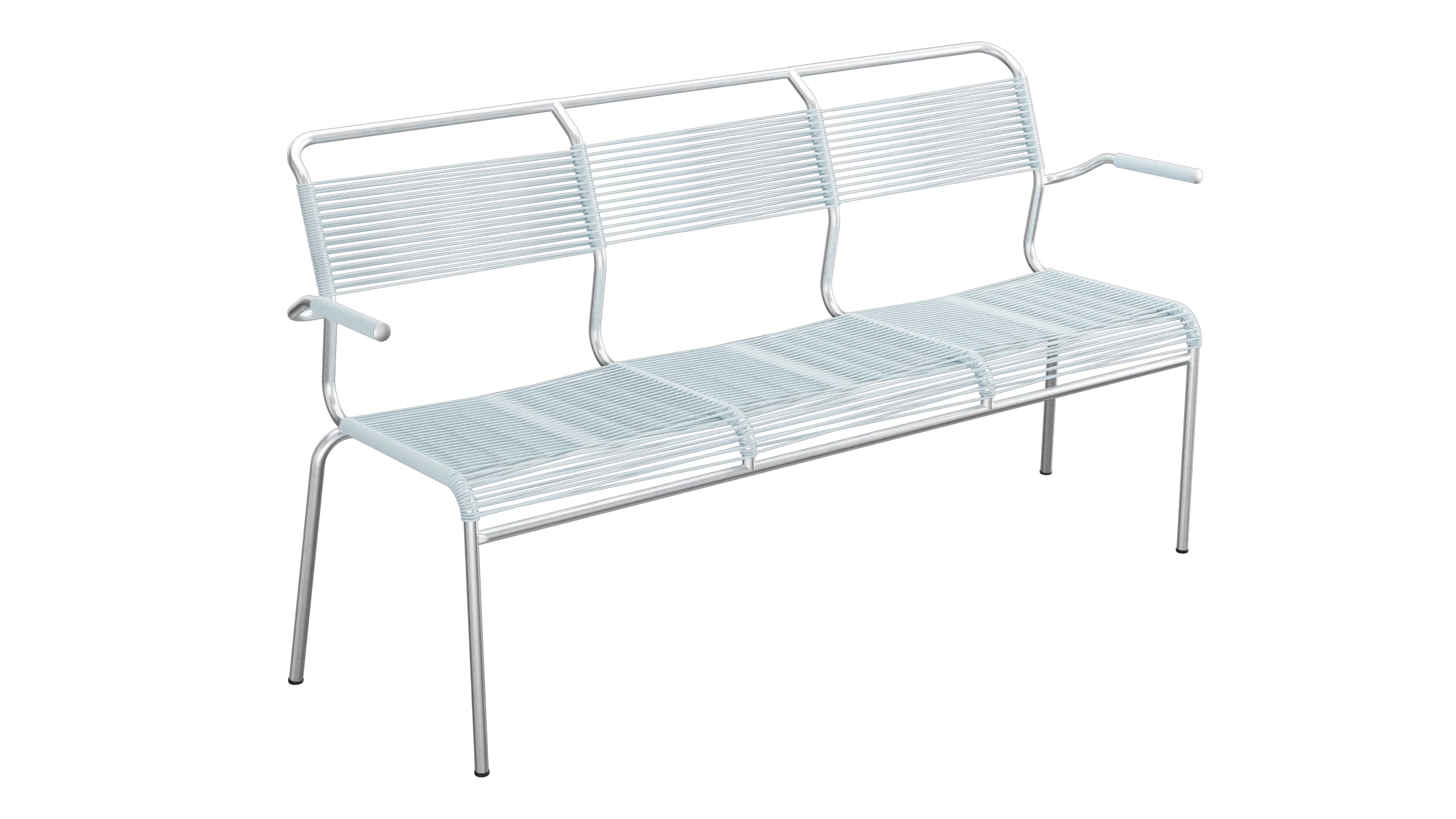 Säntis Spaghetti-3er-Gartenbank mit Armlehne in Pastellblau präsentiert im Onlineshop von KAQTU Design AG. Gartenbank ist von Schaffner