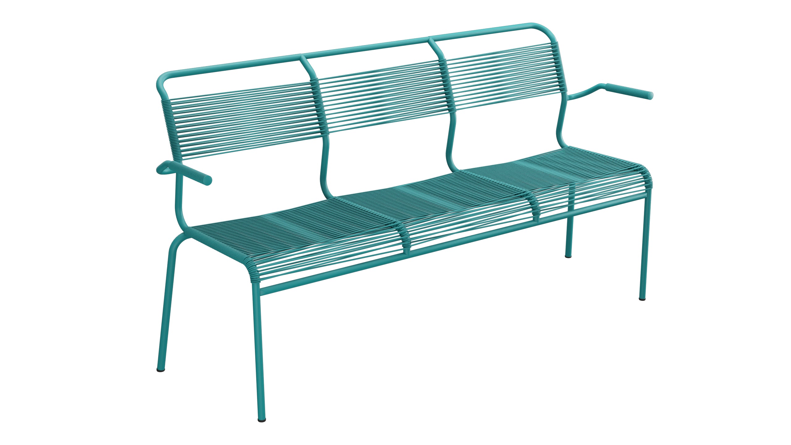 Säntis Spaghetti-3er-Gartenbank mit Armlehne in Kaliblau präsentiert im Onlineshop von KAQTU Design AG. Gartenbank ist von Schaffner