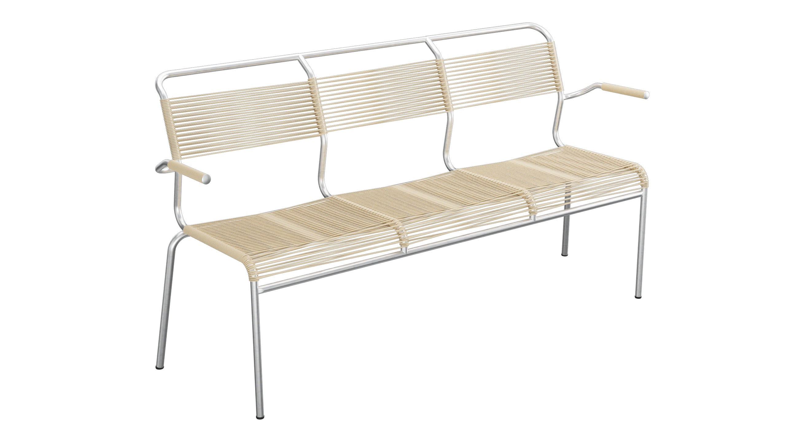 Säntis Spaghetti-3er-Gartenbank mit Armlehne in Pastellbraun präsentiert im Onlineshop von KAQTU Design AG. Gartenbank ist von Schaffner