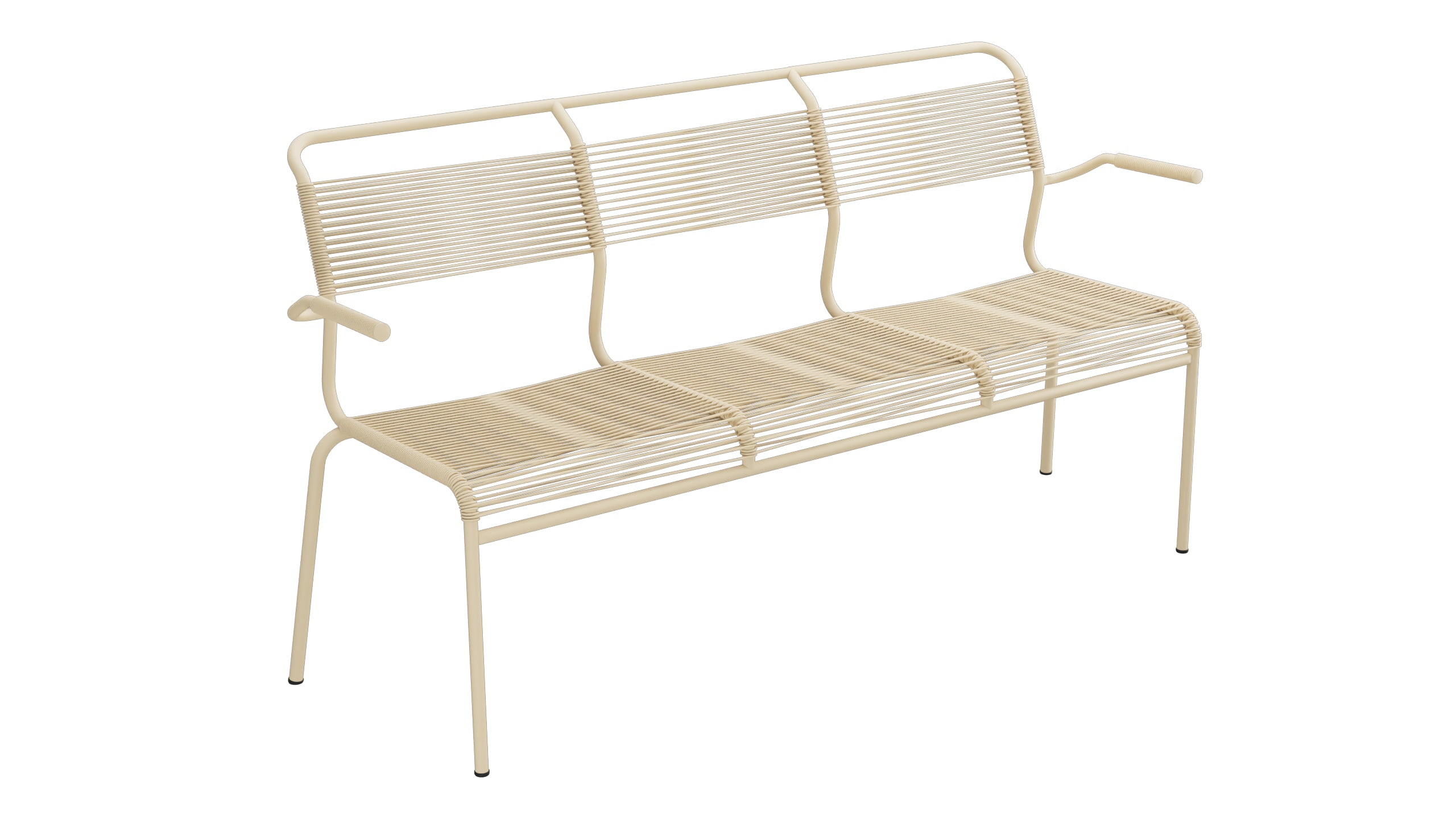 Säntis Spaghetti-3er-Gartenbank mit Armlehne in Pastellbraun präsentiert im Onlineshop von KAQTU Design AG. Gartenbank ist von Schaffner