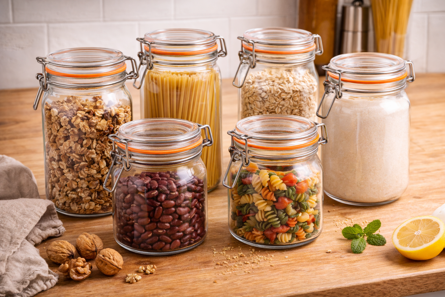 Verschiedene stilvolle und nachhaltige Einmachgläser in unterschiedlichen Größen, perfekt für die Aufbewahrung von Lebensmitteln und Dekoration.