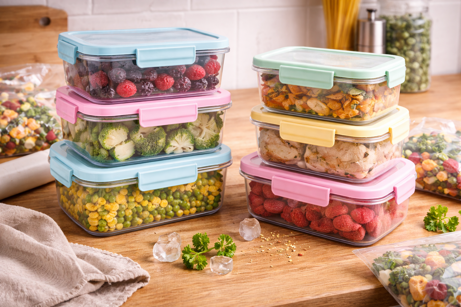 Hochwertige, umweltfreundliche Gefrierbehälter von KAQTU in verschiedenen Größen, perfekt für nachhaltige Lebensmittelaufbewahrung und Abfallreduzierung.