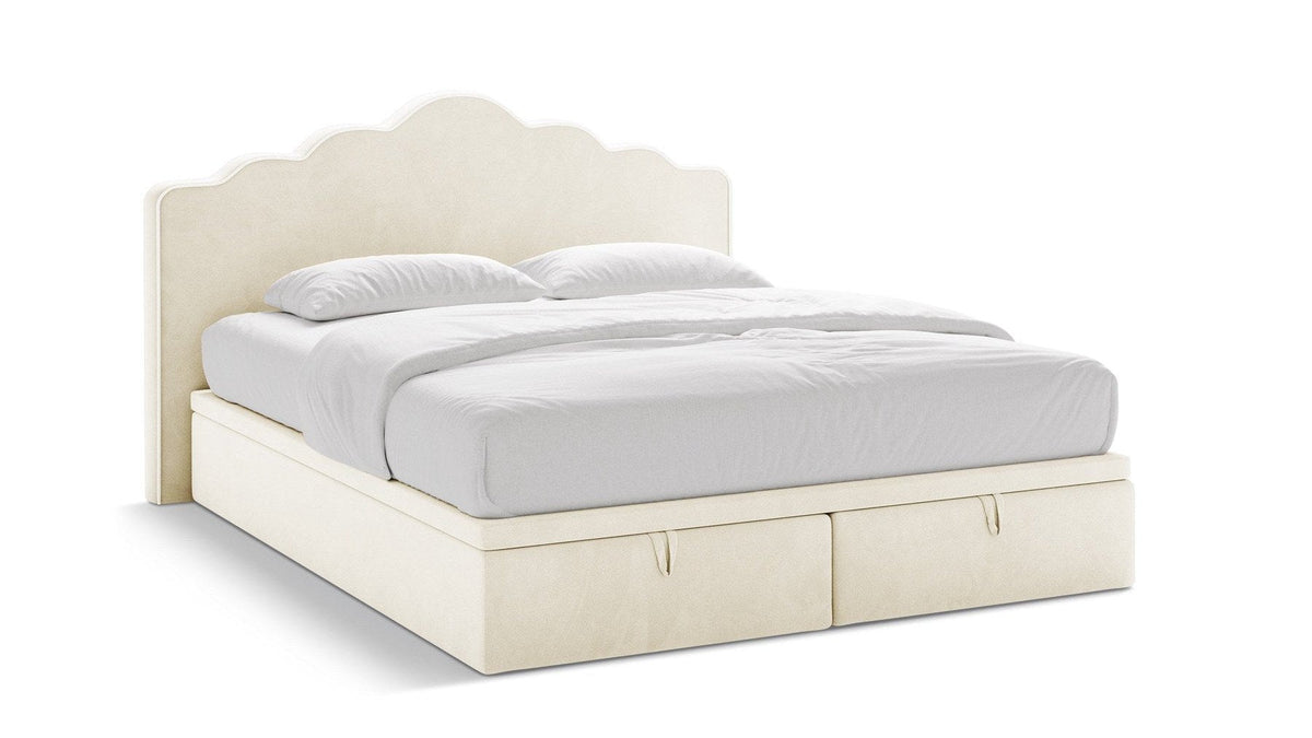 Micadoni Dream Stauraumbett mit hohem, von Wolken inspiriertem Kopfteil in Samt Elfenbein und schwarzen Beinen