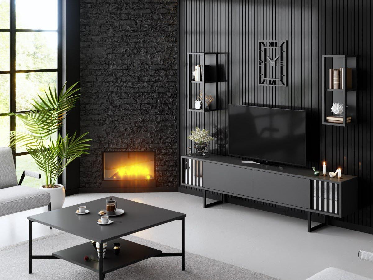 Elegantes TV-Möbel in modernem Design, ideal für stilvolle Wohnzimmer, mit viel Stauraum und hochwertiger Verarbeitung.