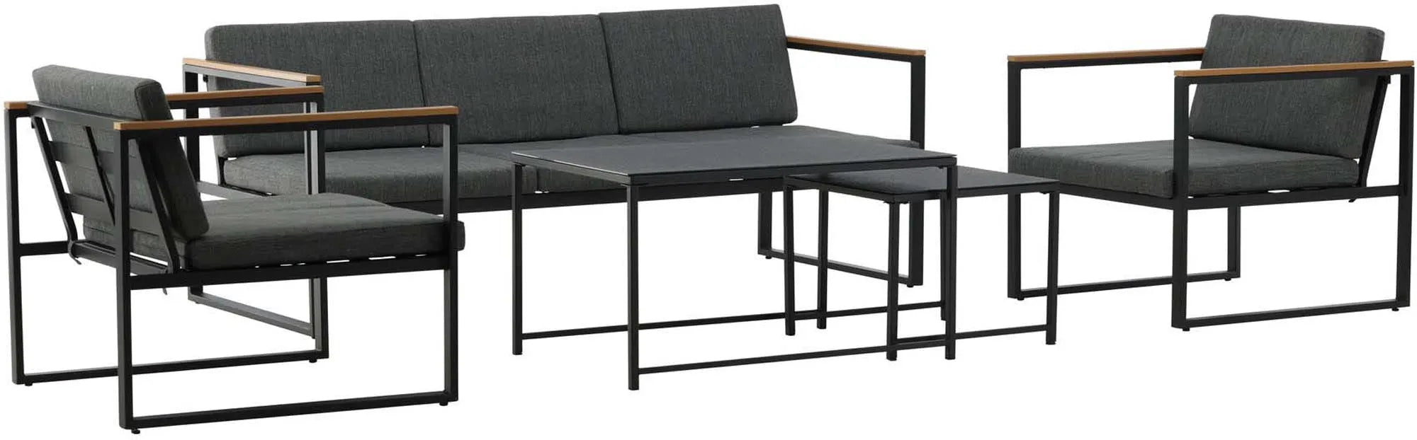 Elegantes Dakar Sofa Outdoorset: Robuster Stahl, Sprühglas-Tische, graue Kissen, Platz für 5, keine Montage nötig. Perfekt für Garten.