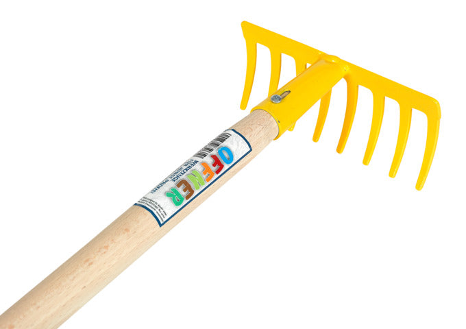 Kinderrechen mit 8 Zinken und Stiel, ideal für Gartenarbeiten. Hochwertig und kindgerecht von OFFNER.