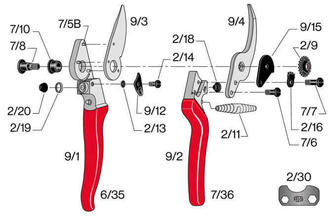 FELCO Modell 9: Ergonomische Baumschere für Linkshänder, präzise Schnitte, langlebig, ideal für professionelle Gartenarbeit.