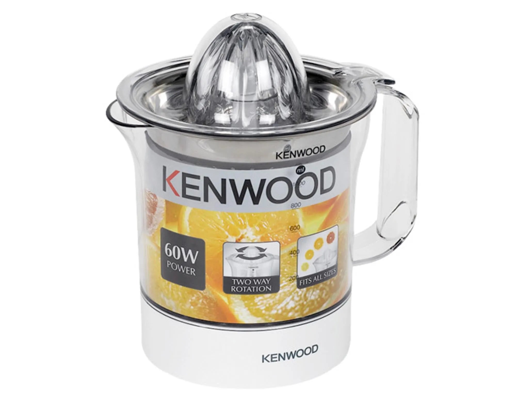 Kompakte KENWOOD Zitruspresse JE290A: BPA-frei, spülmaschinenfest, leistungsstark, mit Tropfstopp und rutschfesten Füßen.