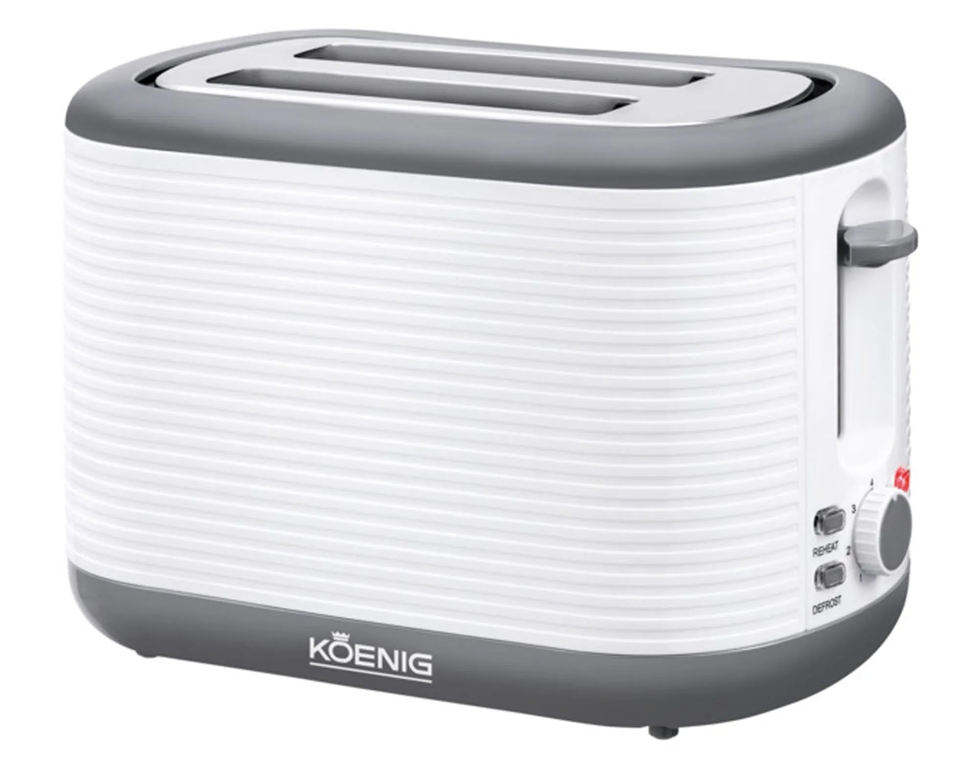 Eleganter KOENIG Toaster Stripes: Edelstahl, extra breite Schlitze, stufenlose Bräunung, Auftaufunktion, kompakt, langlebig.