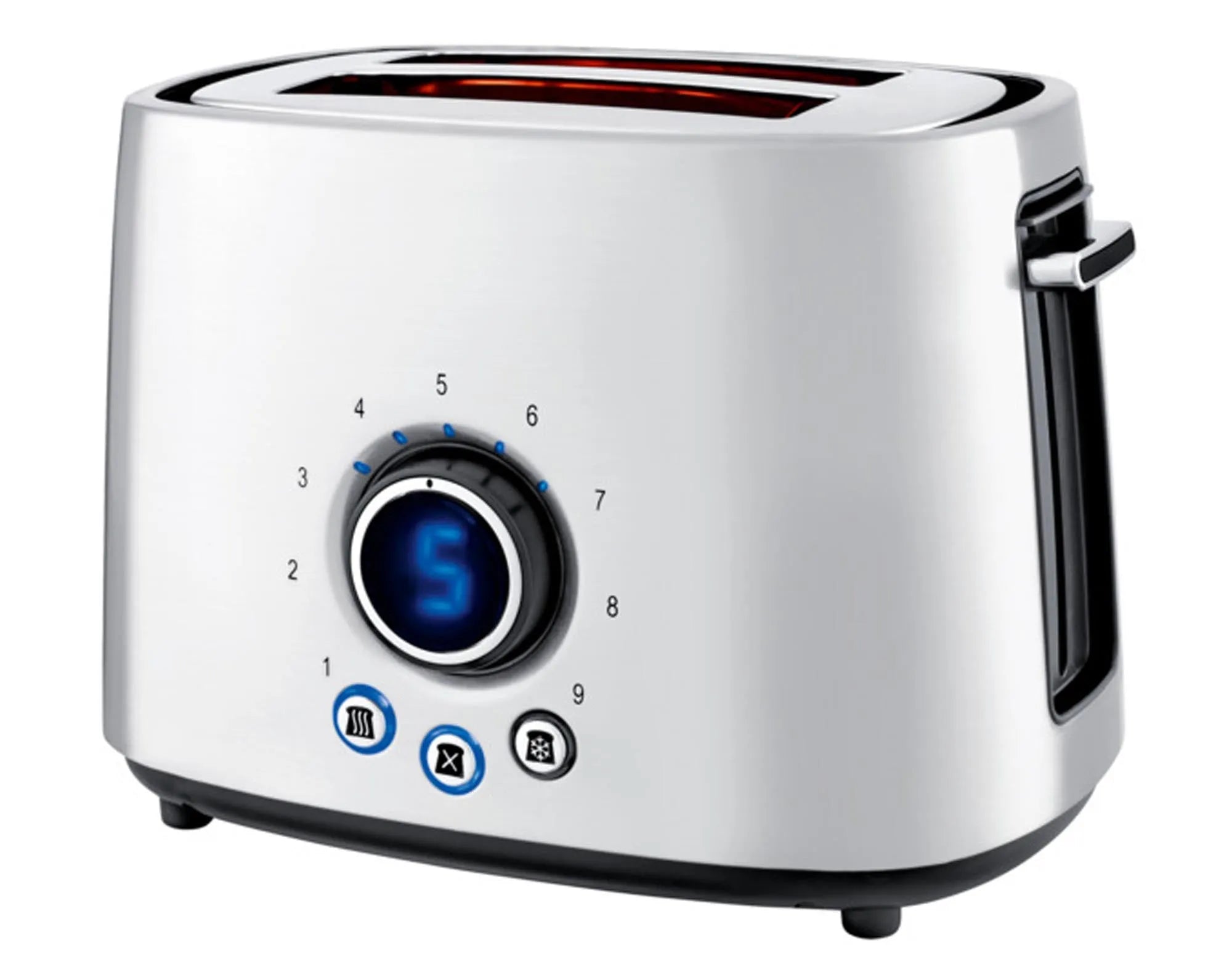 Eleganter KOENIG Toaster aus Edelstahl mit breiten Schlitzen, einstellbaren Bräunungsstufen und praktischer Krümelschublade.