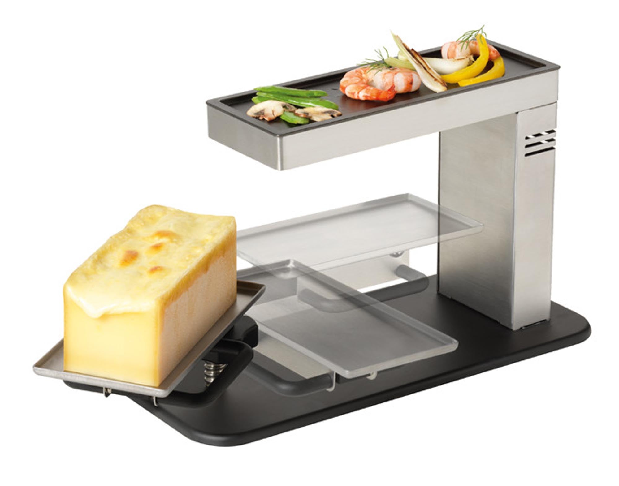 Entdecken Sie das STÖCKLI Raclettegerät Swing für gesellige Abende! Ideal für 8 Personen, mit innovativem Heizelement und antihaftbeschichteter Grillplatte.