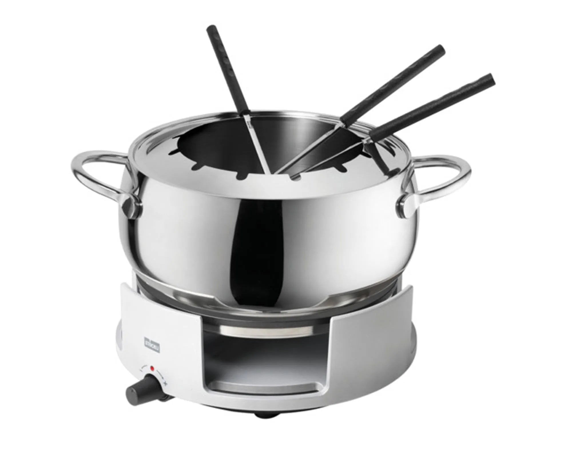 Stilvolle Fonduegarnitur Avalon ø 22 cm von STÖCKLI: robust, hitzebeständig, Edelstahl, Antihaft, ideal für Käse- und Schokoladenfondue.