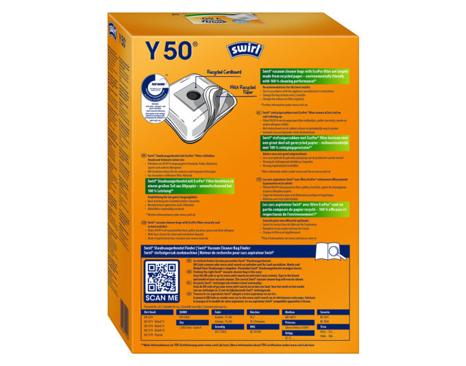 SWIRL Staubsäcke Y50 bieten optimale Staubaufnahme und Passgenauigkeit für eine saubere und hygienische Umgebung.
