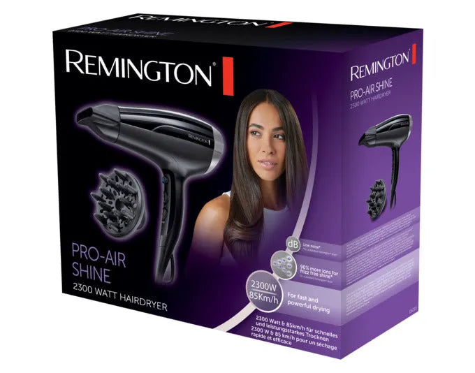Der REMINGTON D5215 Proair Shine Haartrockner bietet kraftvolle Leistung und Glanz für Ihr Haar, ideal für schnelles und effektives Styling.