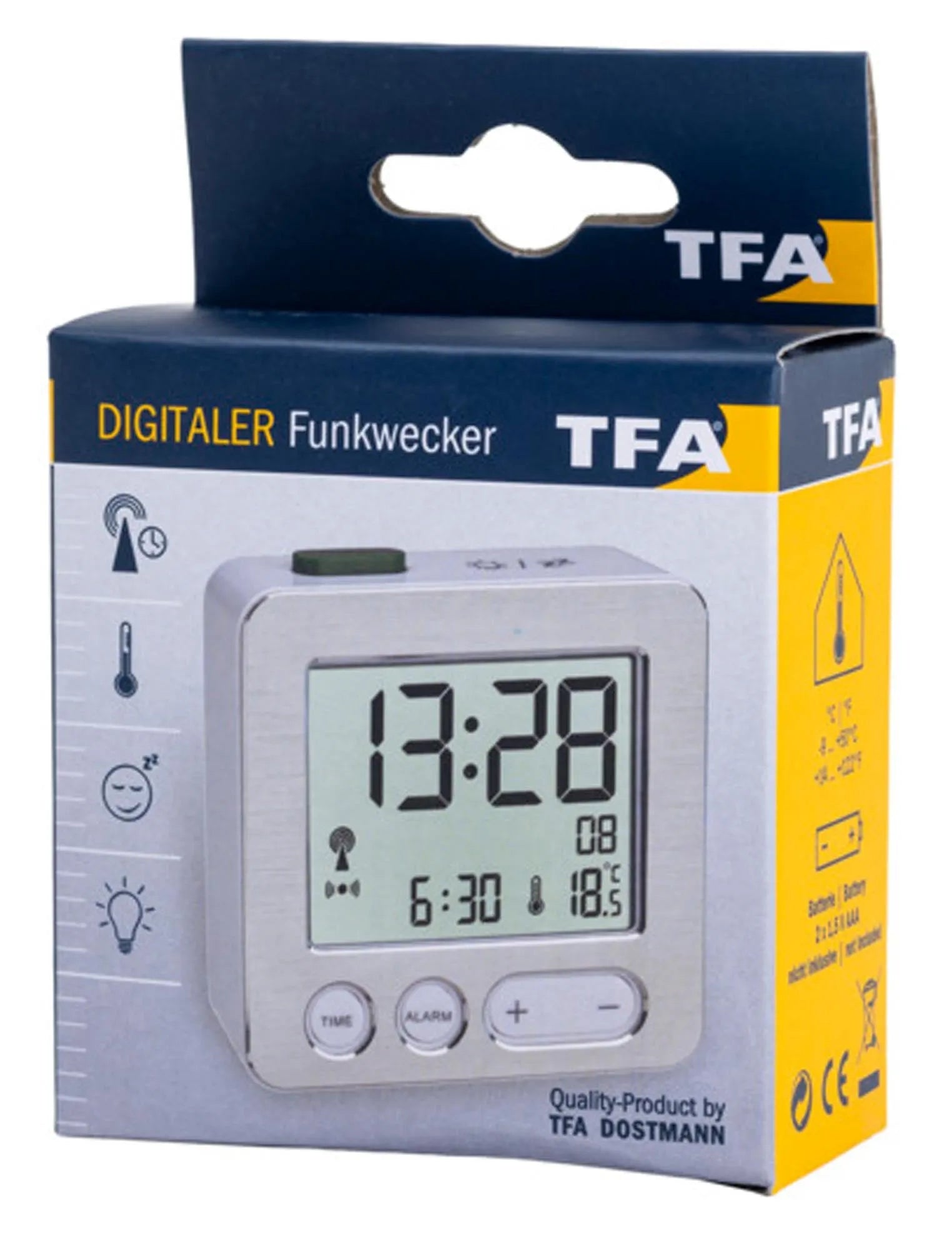 Moderner Funk-Wecker in Silber mit Temperaturanzeige, präziser Zeitangabe und elegantem Design für Ihr Schlafzimmer.