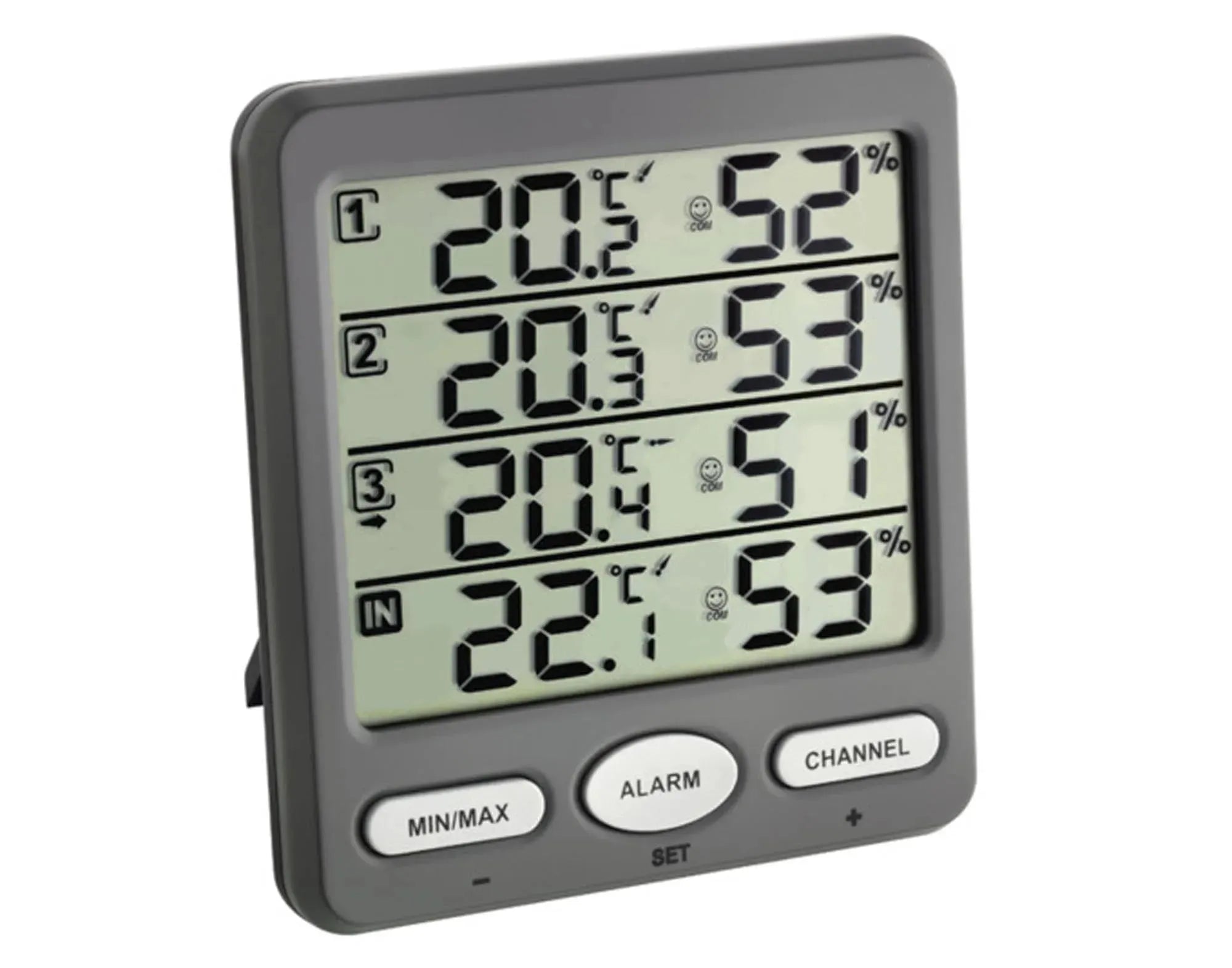 Präzises Funk-Thermo Hygrometer von TFA: Überwacht Temperatur (-10°C bis +50°C) und Luftfeuchtigkeit (20%-95%) kabellos. Modernes Design.