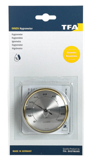 Elegantes TFA Hygrometer mit Messingring, präzise Feuchtigkeitsmessung, hochwertiges Design, ideal für Innenräume.