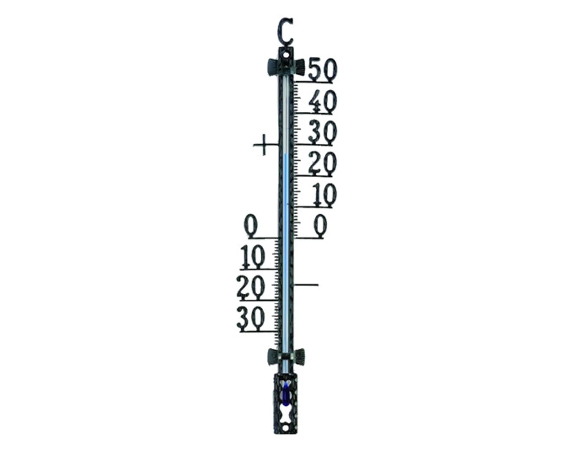 Stilvolles, wetterfestes Metallthermometer von TFA für präzise Temperaturüberwachung im Garten. Elegantes Design, einfache Montage.