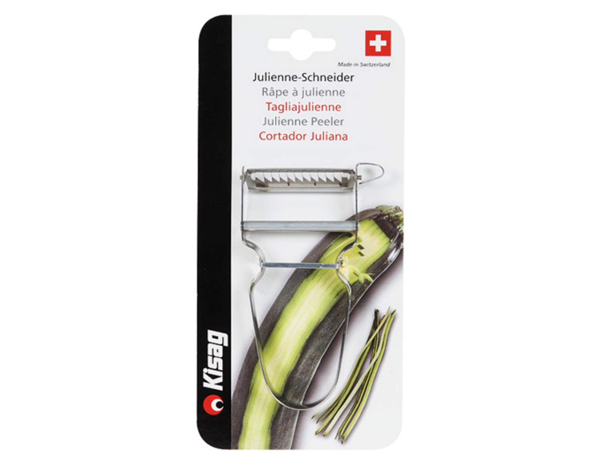 Entdecken Sie den KISAG Julienne-Sparschäler STAR Inox: ergonomisch, langlebig, ideal für präzises Schälen und kreative Gerichte. Spülmaschinenfest!