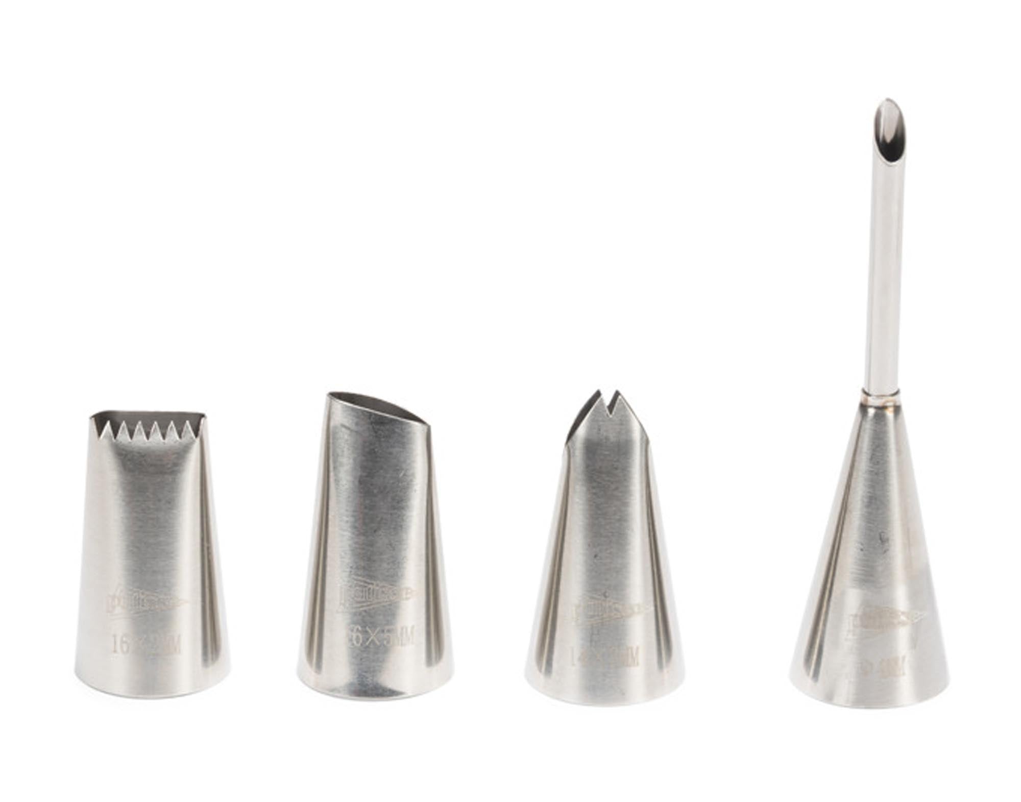Das 4-teilige Spritztüllen Set von PATISSE aus Edelstahl bietet präzise Dekoration für Torten und Cupcakes. Spülmaschinenfest und langlebig.